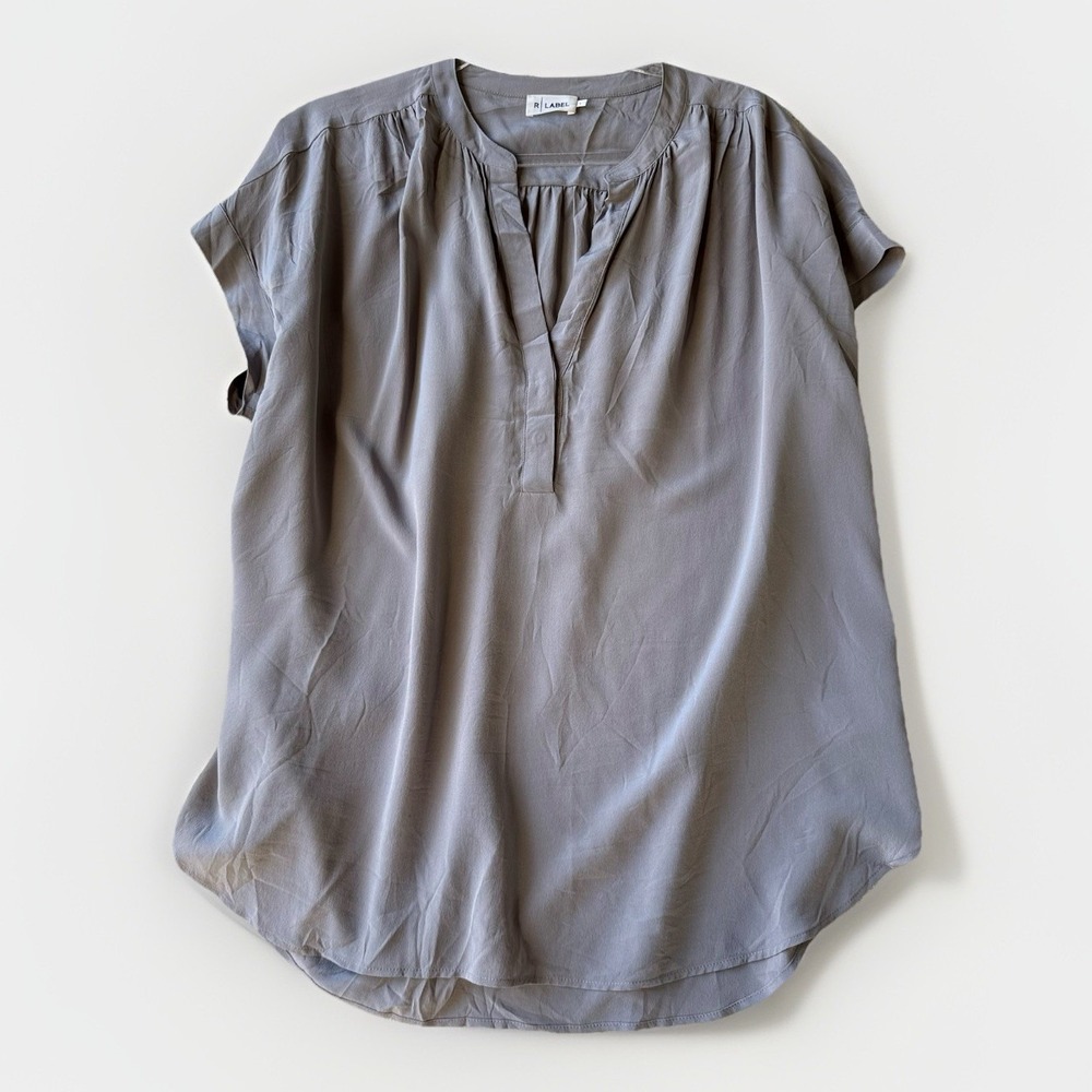 R Label 100% Silk Blouse Women L Taupe Gray Long Sleeve Minimalist Luxury $228